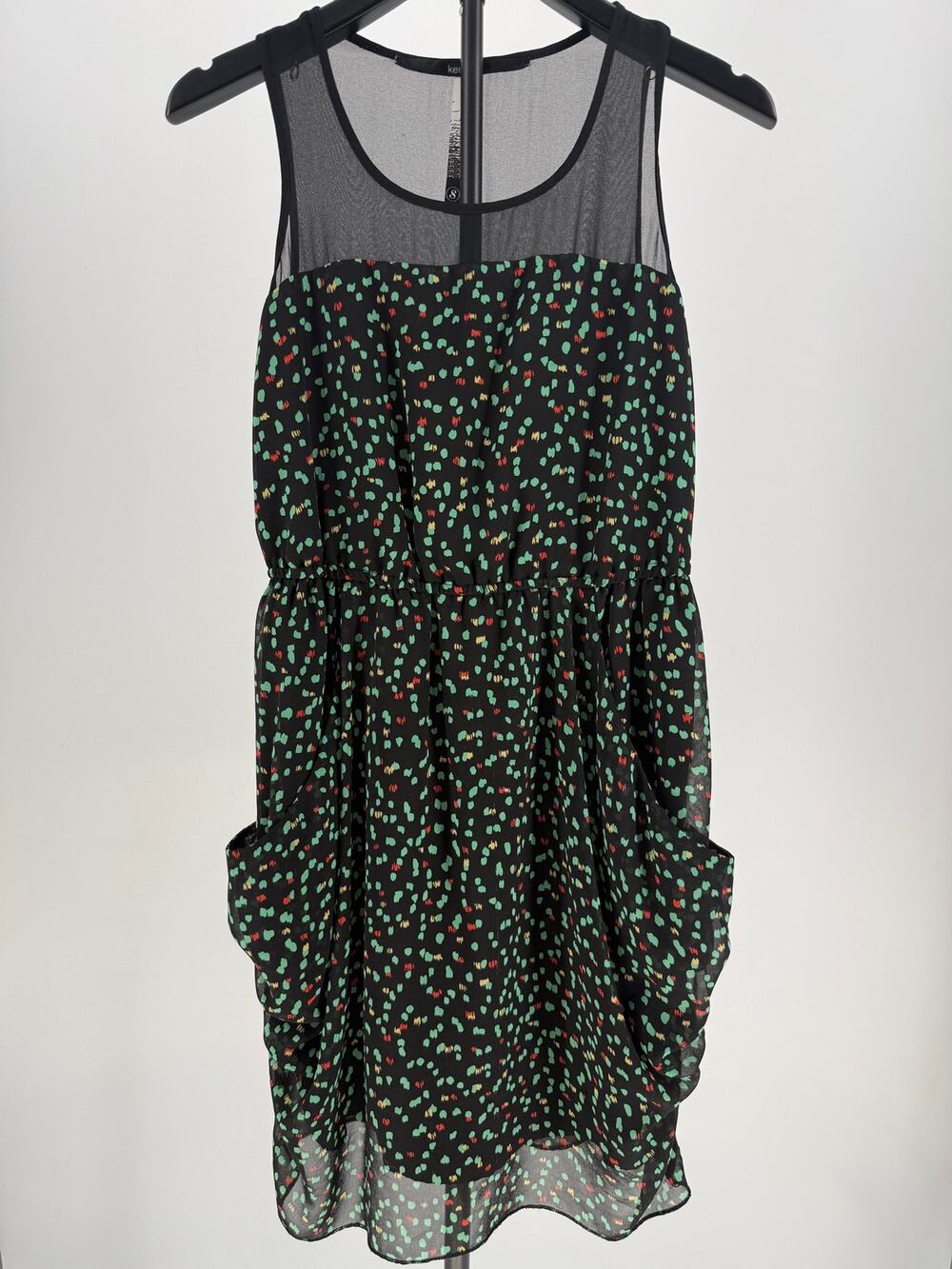 Kensie Womens S Black Multicolor Print Sheer Mesh Yoke Pocket Mini Dress